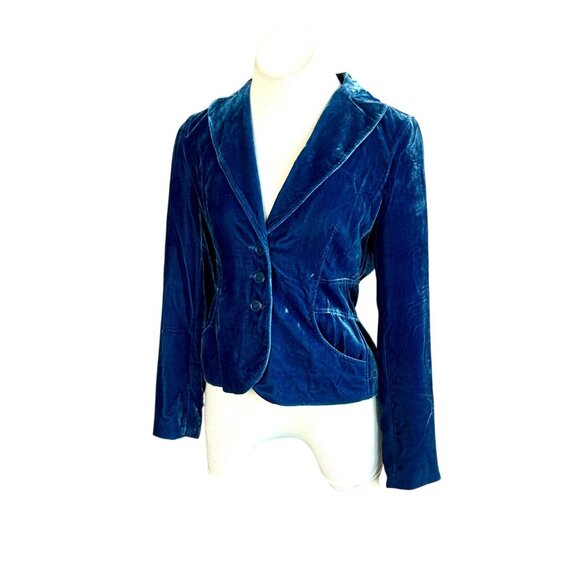 Sunny Leigh Dark Teal Blue Velvet Fitted Blazer Jacket Size 4 - Picture 1 of 7